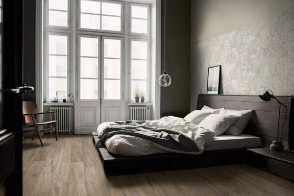 Slaapkamer aangekleed met vloertegels, merk Ragno, serie Boheme , stijl Houtlook.