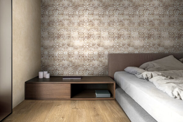 Slaapkamer aangekleed met vloertegels, merk Ragno, serie Ossimori, stijl Houtlook.